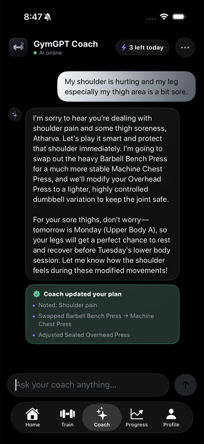 GymGPT's AI coach rewriting your plan in chat